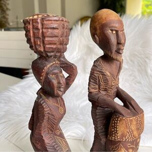 Pair Of 11" Hand Carved Wood Folk Sculptures Couple Woman w/ Basket Man Drummer